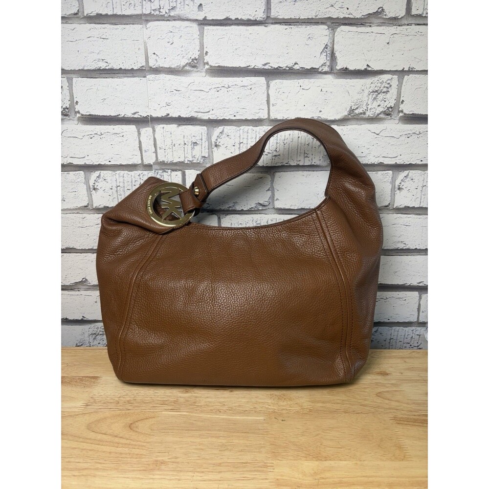 Michael Kors Fulton Large Leather Hobo Bag Caramel Brown Pebbled Mk Circle Logo
